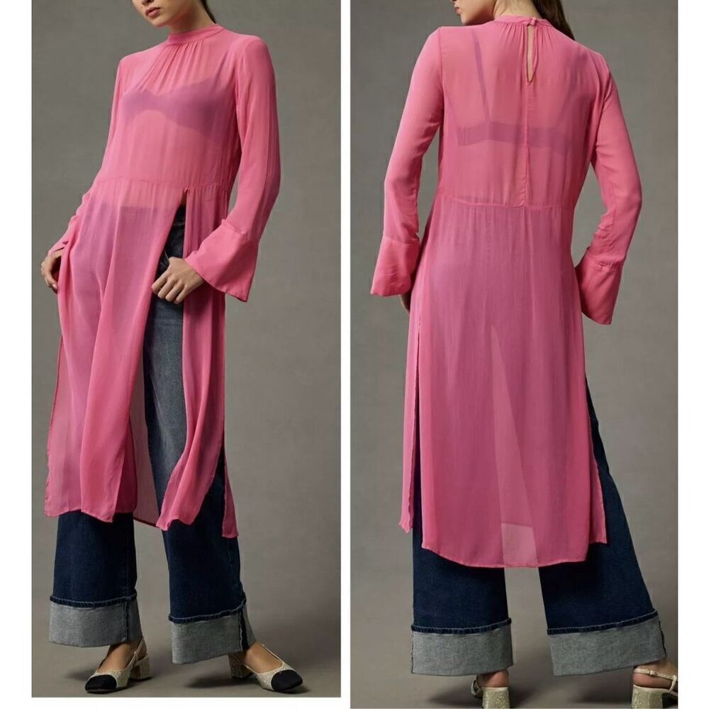 Anthropologie Long Sleeve Sheer Tunic Dress pink, Size xxs